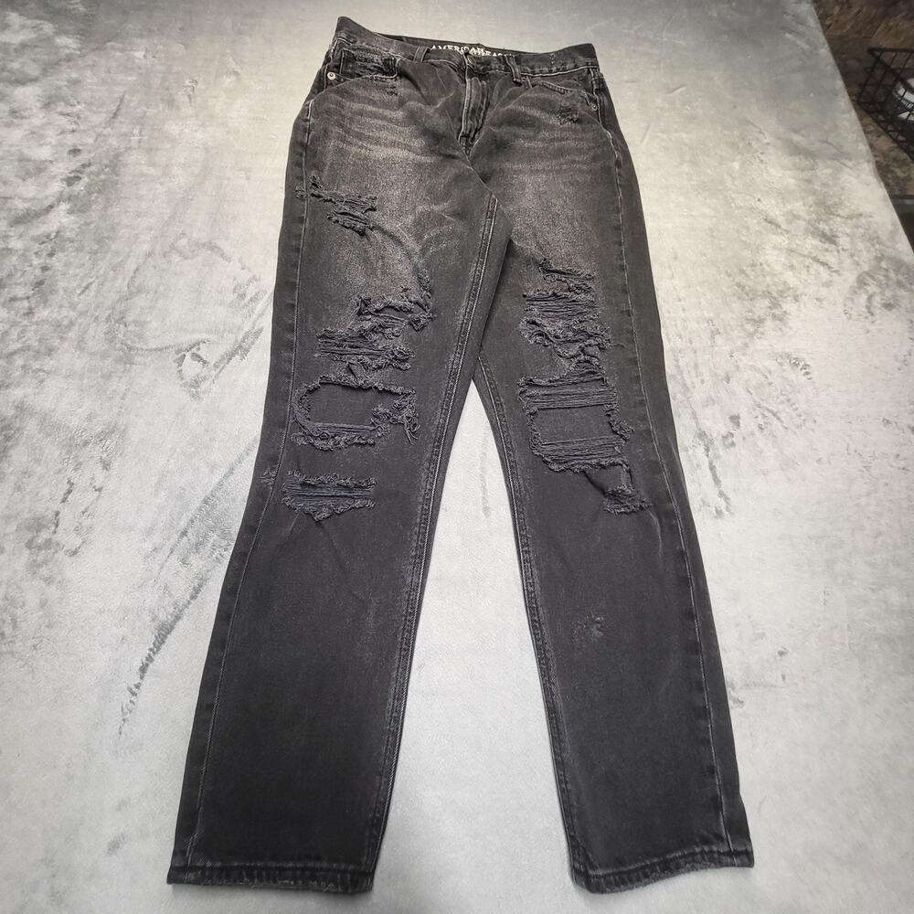 American Eagle Jeans Womens 4 Black Mom Jean Distressed Relaxed Dark Wash